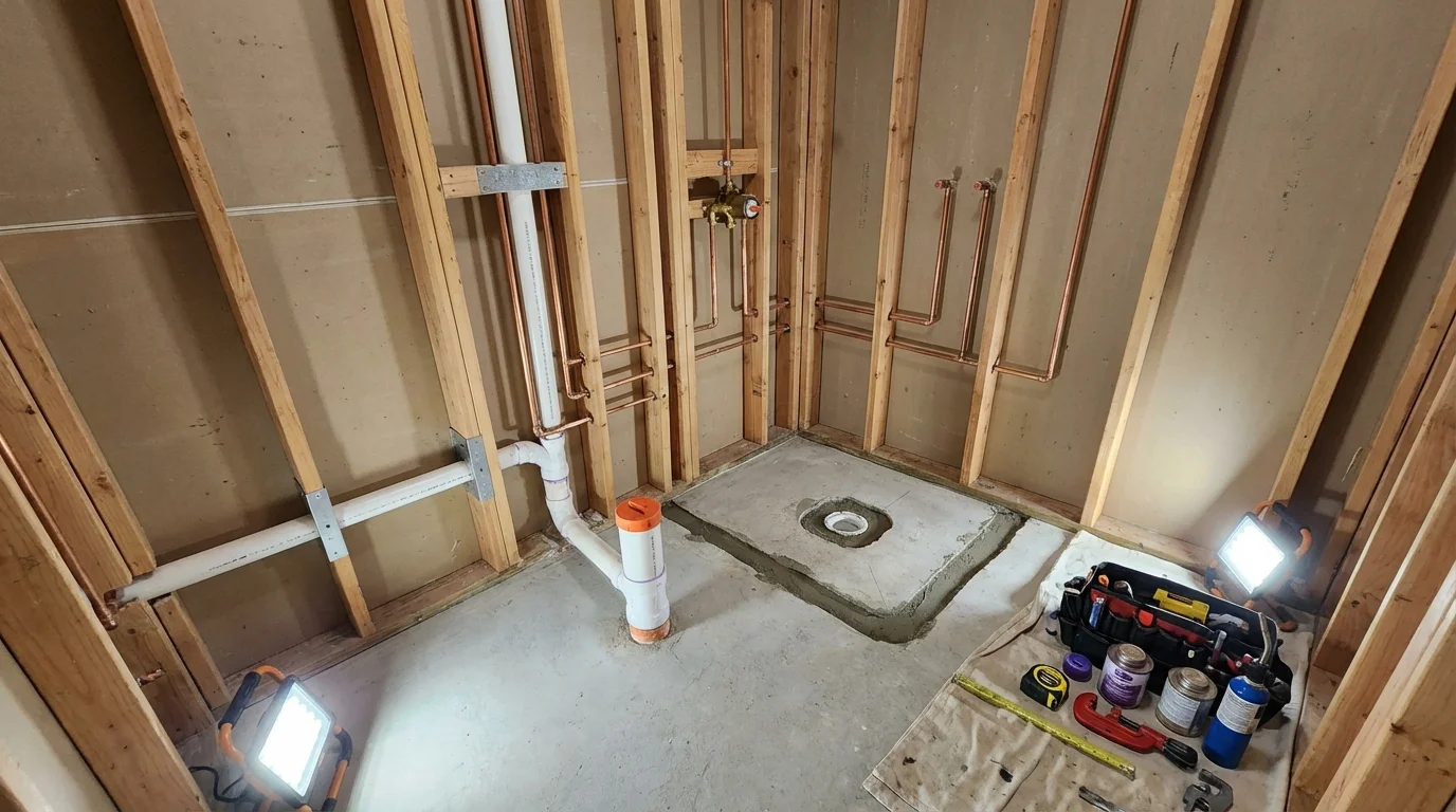 Bathroom rough-in plumbing during remodel by Johns Plumbing LLC in Clay City