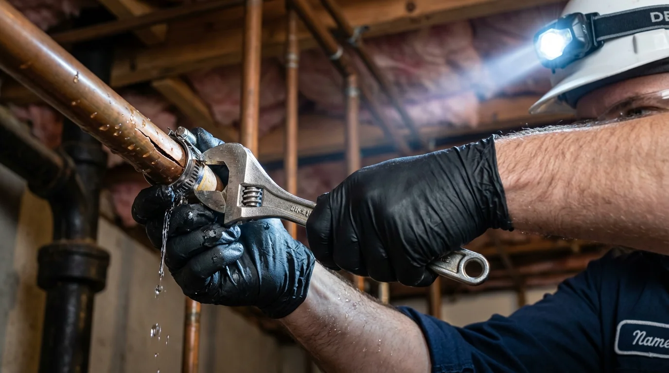 Emergency pipe clamp repair being performed by a Johns Plumbing LLC plumber in Clay City
