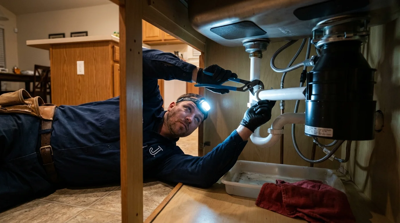 P-trap and supply line connections under a kitchen sink showing a common leak point in Clay City, KY